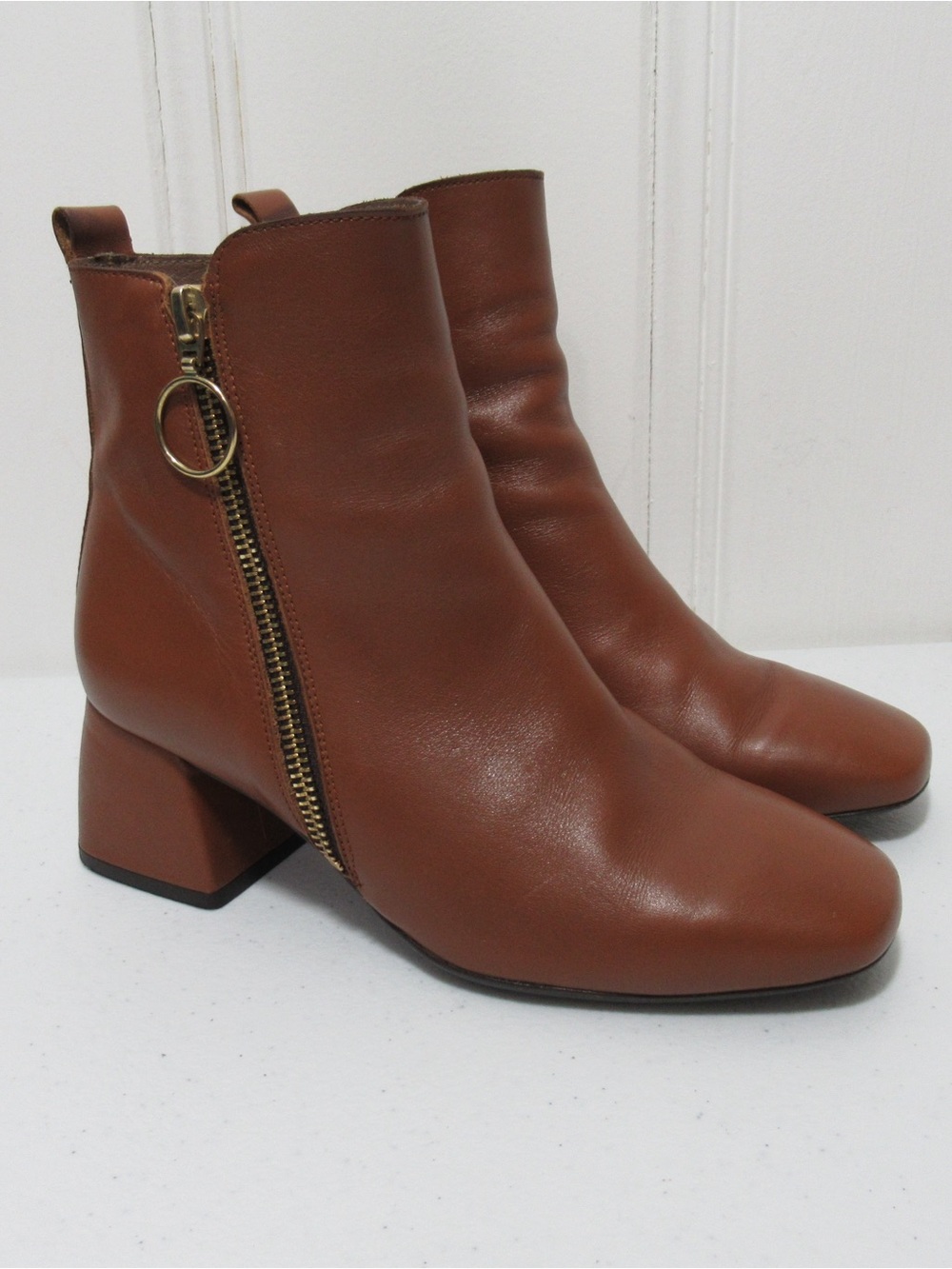 Wonders Brown Leather Block Heel Booties Size 36